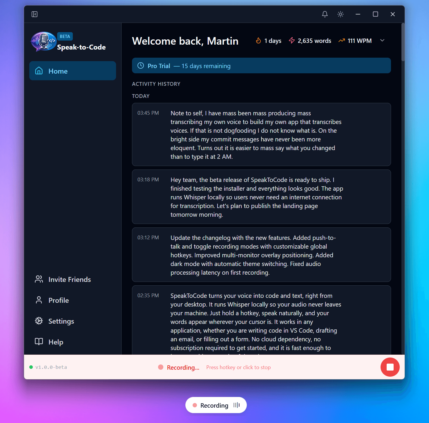 SpeakToCode voice-to-text dashboard with transcription history and statistics