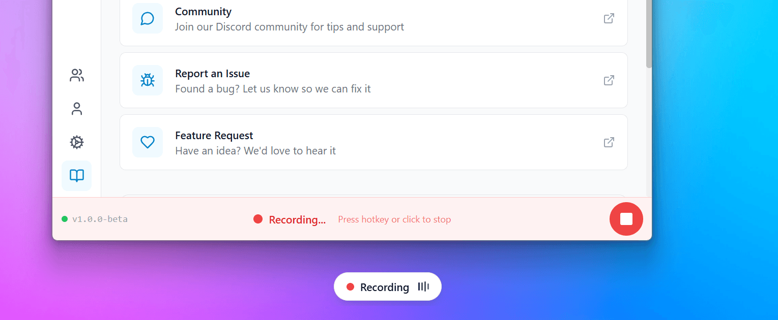 Recording overlay showing live transcription status