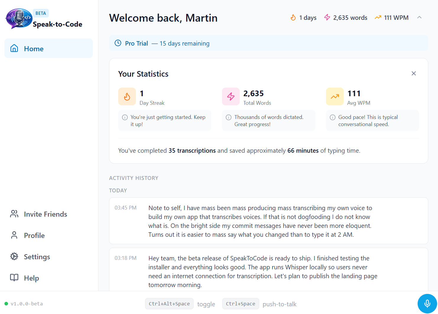 SpeakToCode voice-to-text dashboard with usage statistics and activity insights