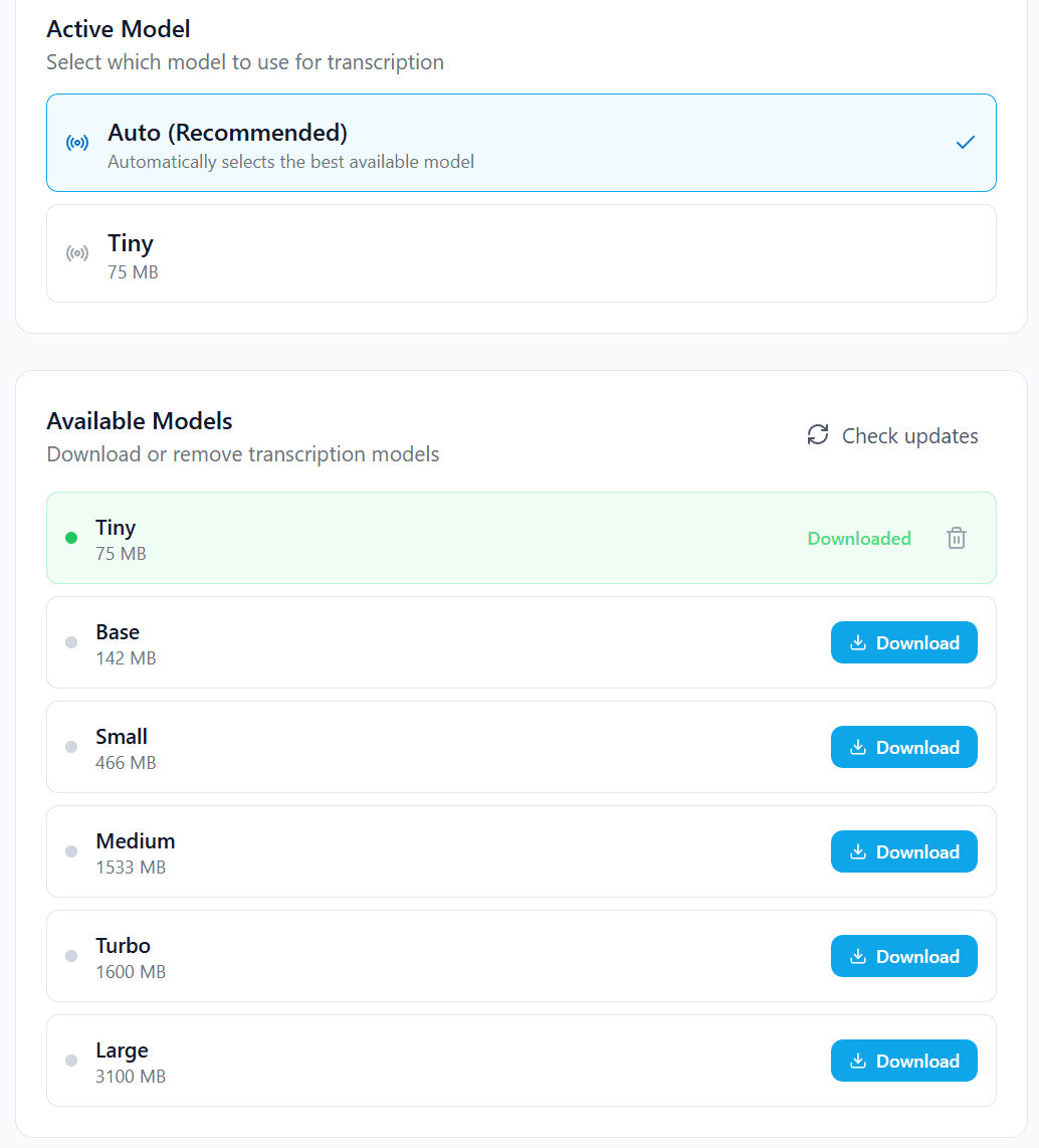 Whisper model selection with 7 available sizes